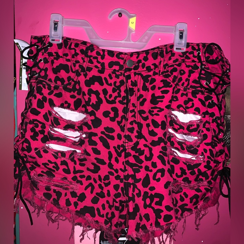 scene lace up distressed denim hot pink leopard print plus size shorts